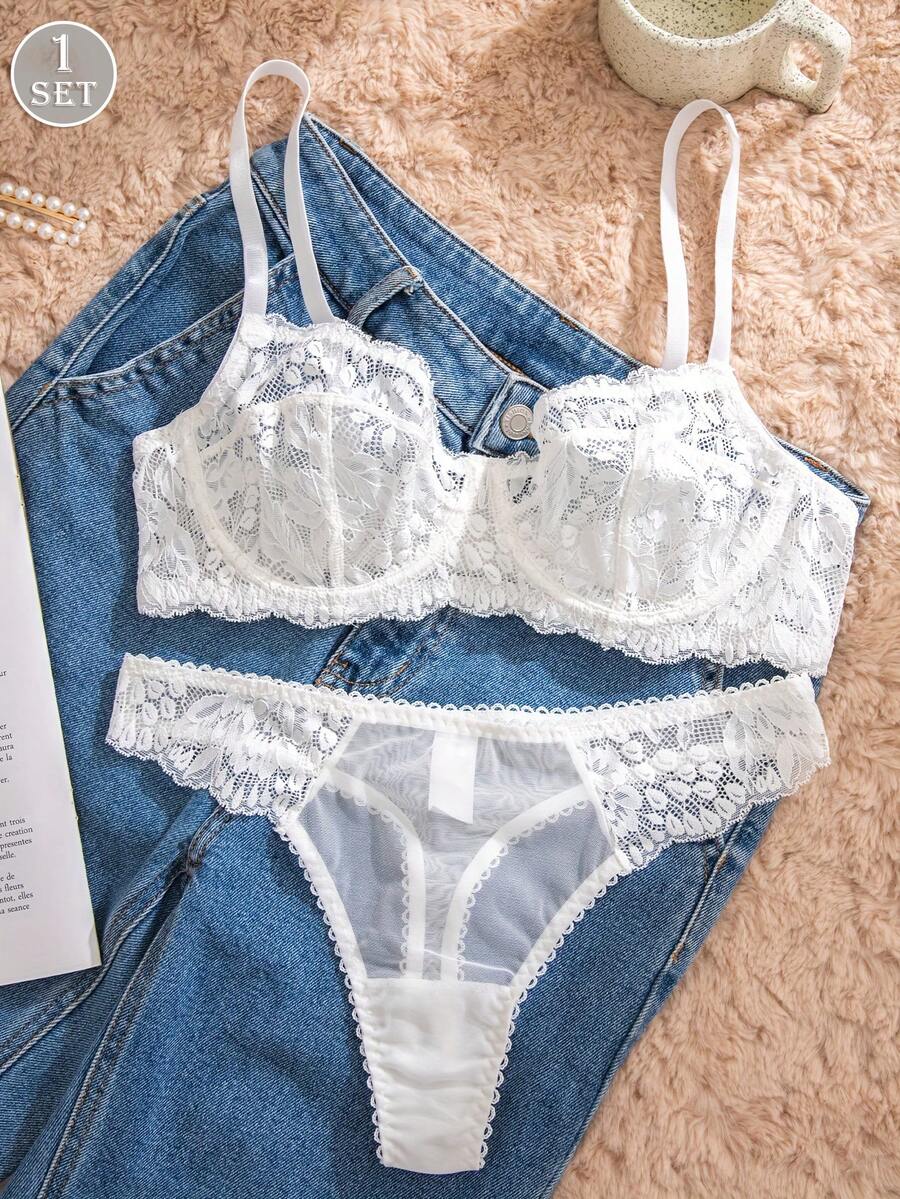 White Lace Bra and Panty Set w - Sheer Bra Lace のレビューと価格