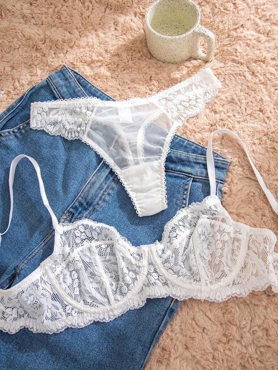 White Lace Bra and Panty Set w - Sheer Bra Lace のレビューと価格