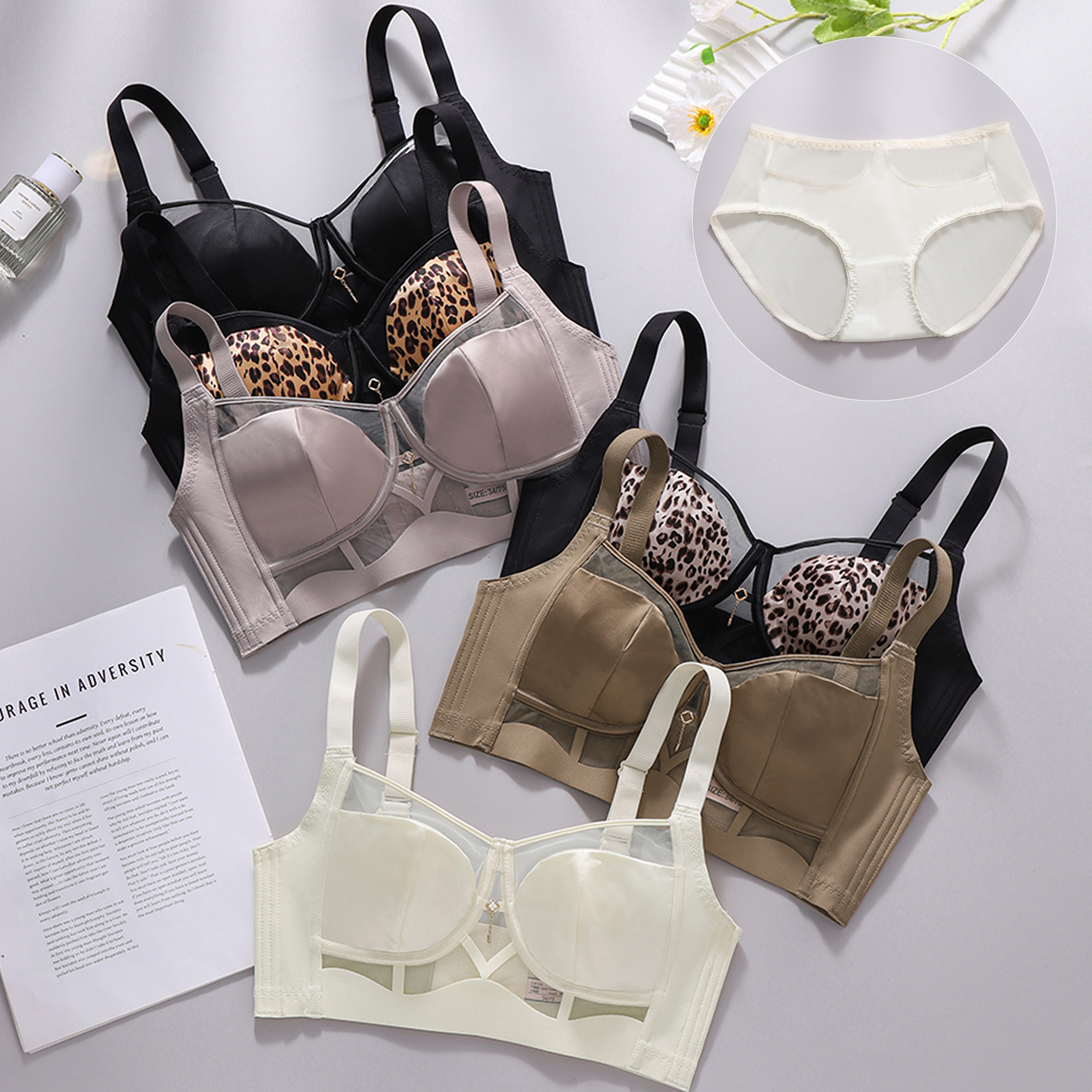 Leopard Lace Rims-Free Bra Set - Cotton Bra Everyday のレビューと価格