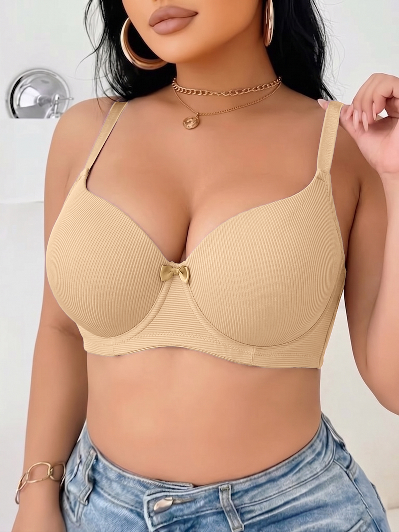 Plus Size Ribbed Women Bra Thi - Underwire Bra Padded のレビューと価格